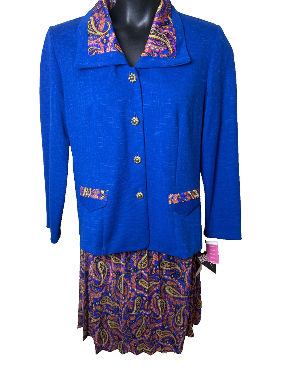 Royal Blue Pleated Skirt Jacket Suit Set 16 Petite Vtg Pablo Collection USA New